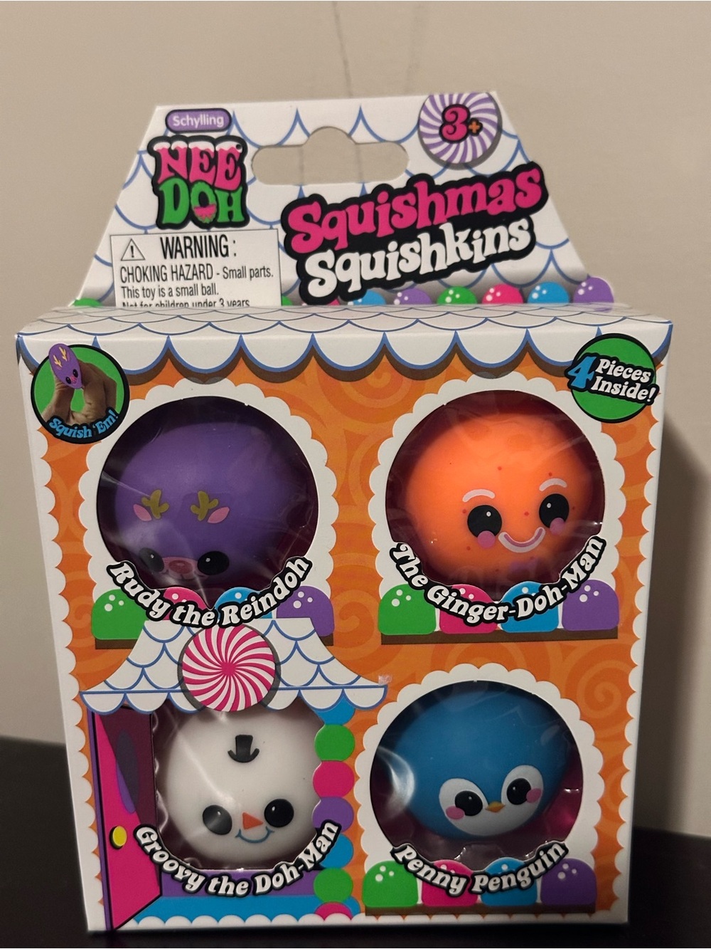 Needoh Squishmas Squishkins 4-Pack Plush Set - Purple, Orange, White & Blue